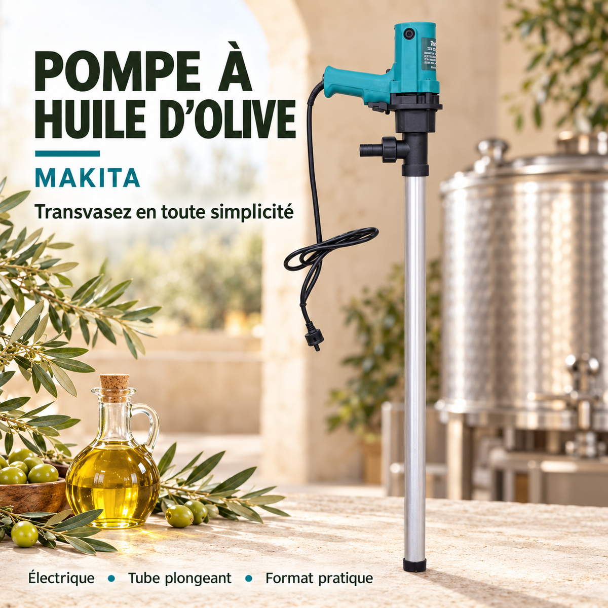 Pompe électrique turquoise avec poignée, long tube plongeant, sortie latérale et cordon d’alimentation