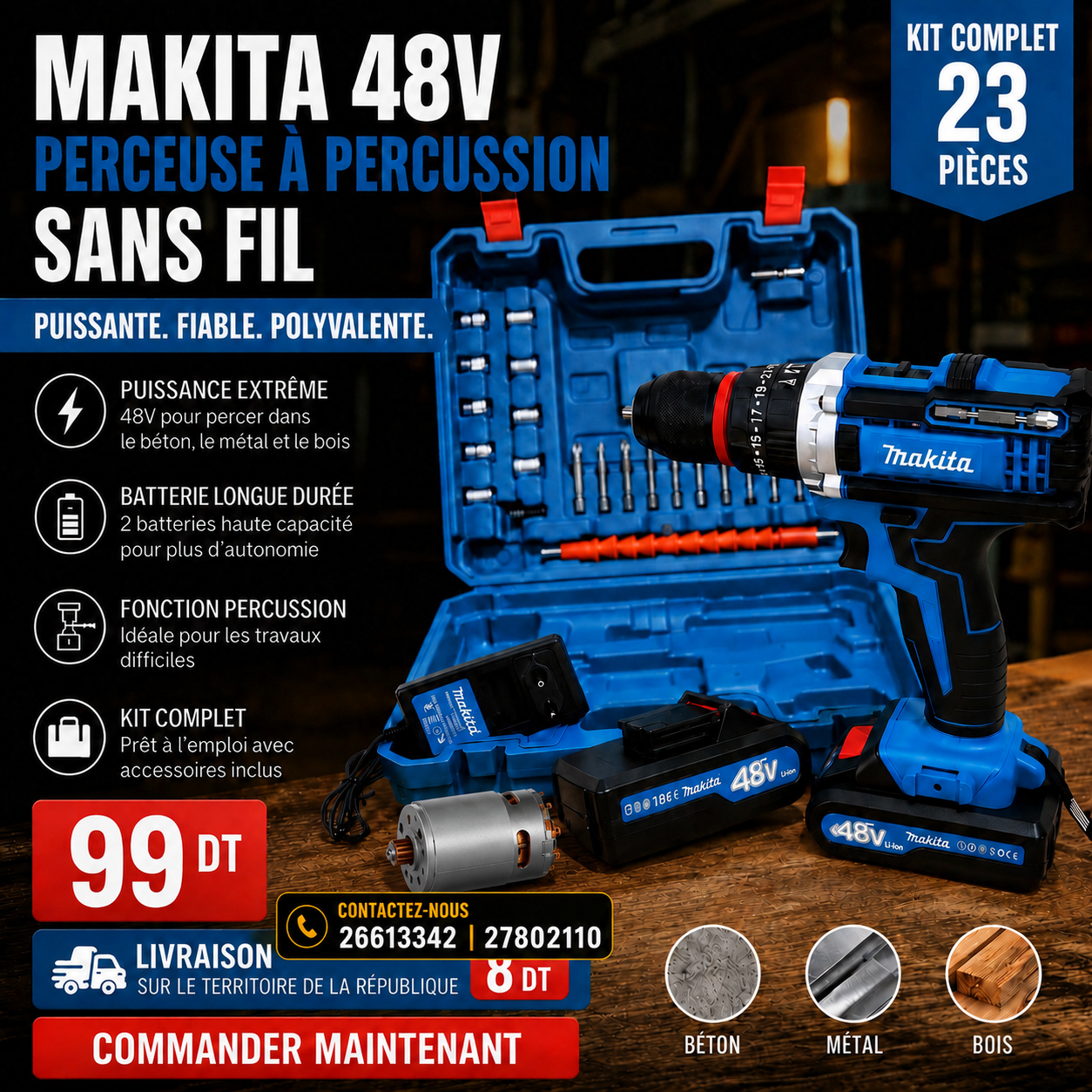 Perceuse à Makita Sans Fil 48V – Kit 23 Pièces ⚙️ + 1 moteur gratuit offert
