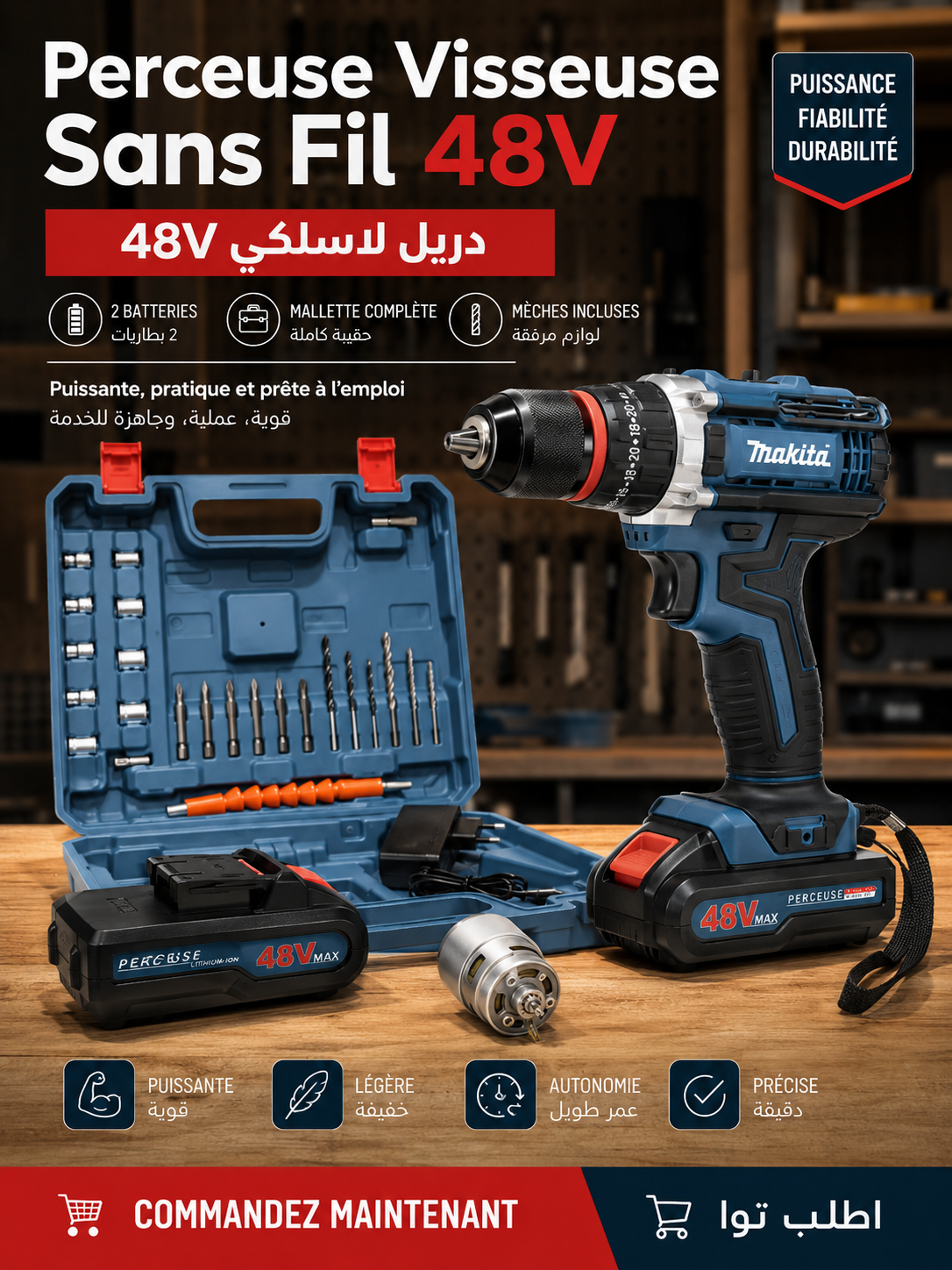 Perceuse 48V Sans Fil 2 batteries + 1 Mouteur Gratuit