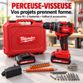 Perceuse-visseuse rouge et noire avec deux batteries, coffret, chargeur, forets, embouts et douilles