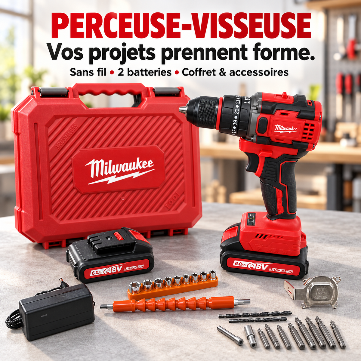Perceuse-visseuse rouge et noire avec deux batteries, coffret, chargeur, forets, embouts et douilles