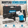 Marteau démolisseur filaire turquoise et noir avec poignée auxiliaire, burins pointu et plat et coffret de transport