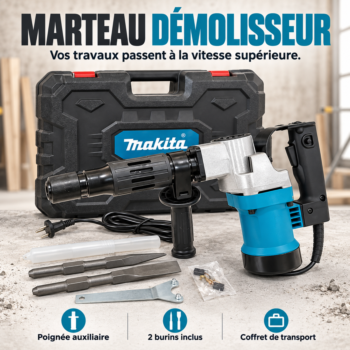 Marteau démolisseur filaire turquoise et noir avec poignée auxiliaire, burins pointu et plat et coffret de transport
