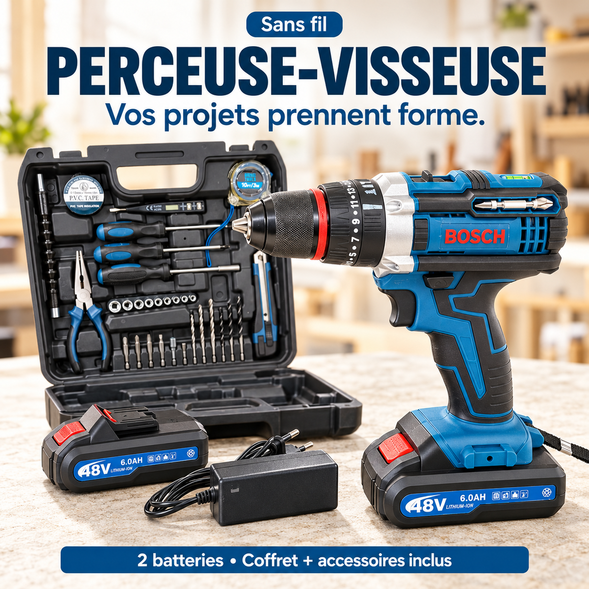 Perceuse-visseuse bleue et noire avec deux batteries, chargeur et coffret contenant forets, embouts, douilles, tournevis et pince