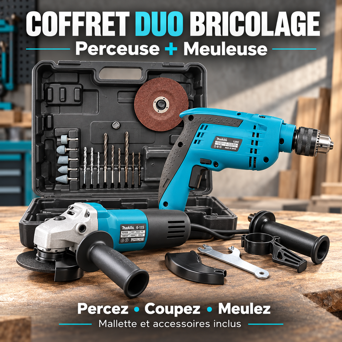 Coffret avec perceuse et meuleuse turquoise et noire, forets, disques, poignées et accessoires de montage