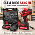 Clé à choc rouge et noire avec deux batteries, chargeur et coffret ouvert contenant douilles, embouts, forets et rallonge flexible