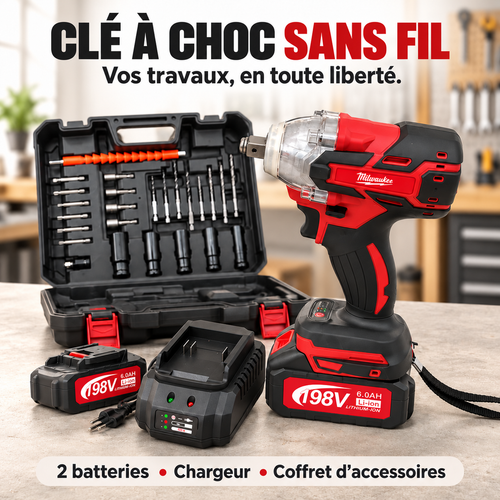 Clé à choc rouge et noire avec deux batteries, chargeur et coffret ouvert contenant douilles, embouts, forets et rallonge flexible