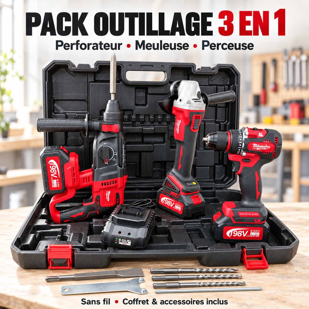Perforateur, meuleuse et perceuse-visseuse rouges et noirs avec batteries, chargeur, forets et burins dans un coffret ouvert